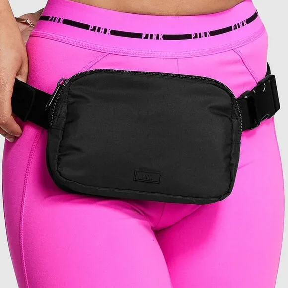 PINK VICTORIA'S SECRET Black Adjustable Belt Bag Zip Top Buckle Closure 4 Travel - Picture 5 of 5